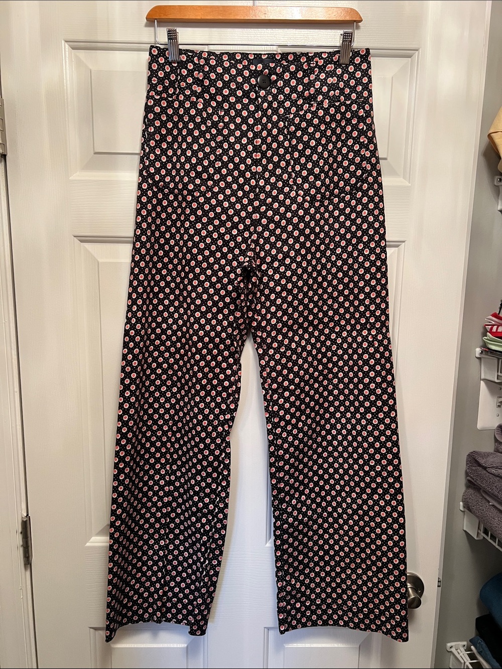 Anthropologie Maeve Colette Black Wide-Leg Pants Pink Dot Floral Print 28 Tall